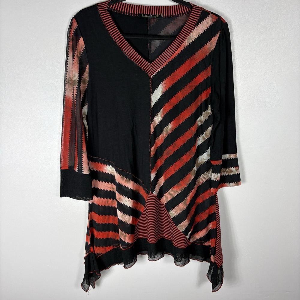 Lior Women's Large Red Black Stripe Sheer V Neck 3/4 Sleeve Pullover Tunic Top